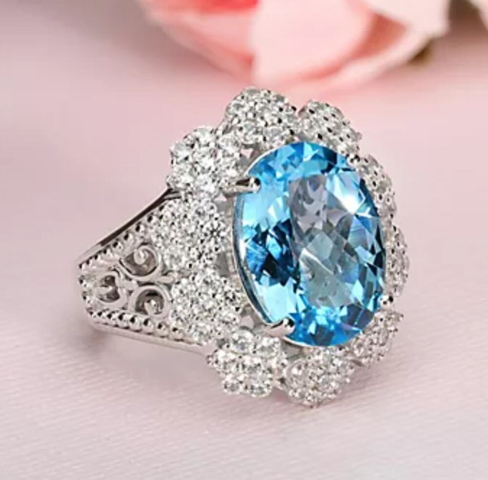 Dallas Prince Blue Topaz & White Zircon Ring, Sterling Silver, 379$ Sz 6